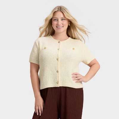 Women's Short Sleeve Lady Jacket Cardigan - A New Day™ Cream 1X | Target