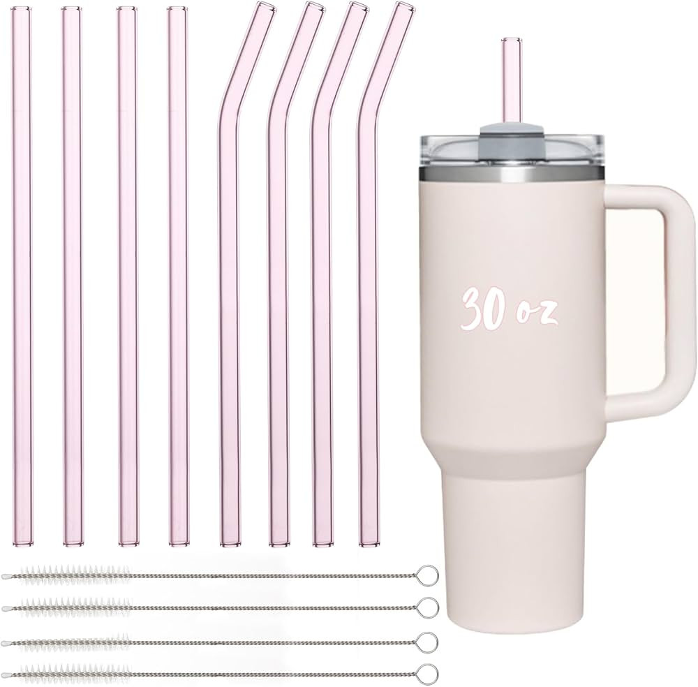 Shatter Resistant Pink Glass Straws - 8 Pack of Reusable 10 Inch Drinking Straws with 4 Cleaning ... | Amazon (US)