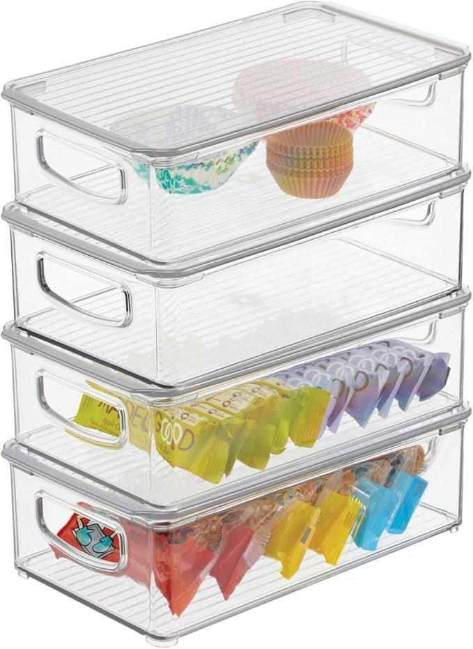 mDesign Plastic Stackable Slim Storage Bin Box with Lid/Handles for Kitchen, Pantry, Fridge/Freez... | Amazon (US)