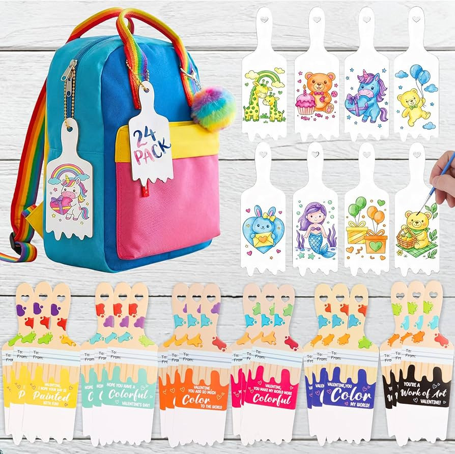 24 Pack Valentines Day Gifts for Kids Classroom - Paintbrush Shaped Watercolor Bookmarks with Cha... | Amazon (US)