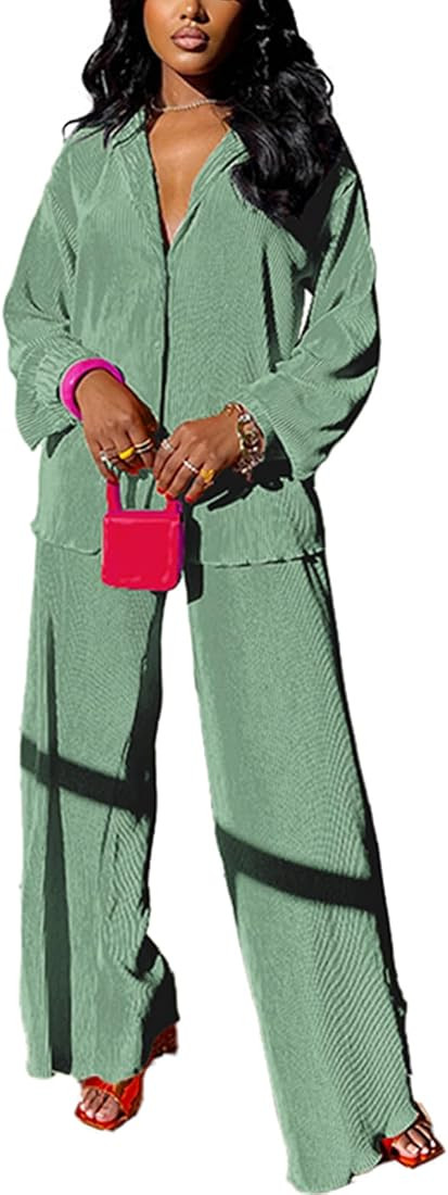 kaimimei Casual 2 Piece Outfit for Women - Linen Long Sleeve Button Down Shirt + Flare Pleated Wi... | Amazon (US)