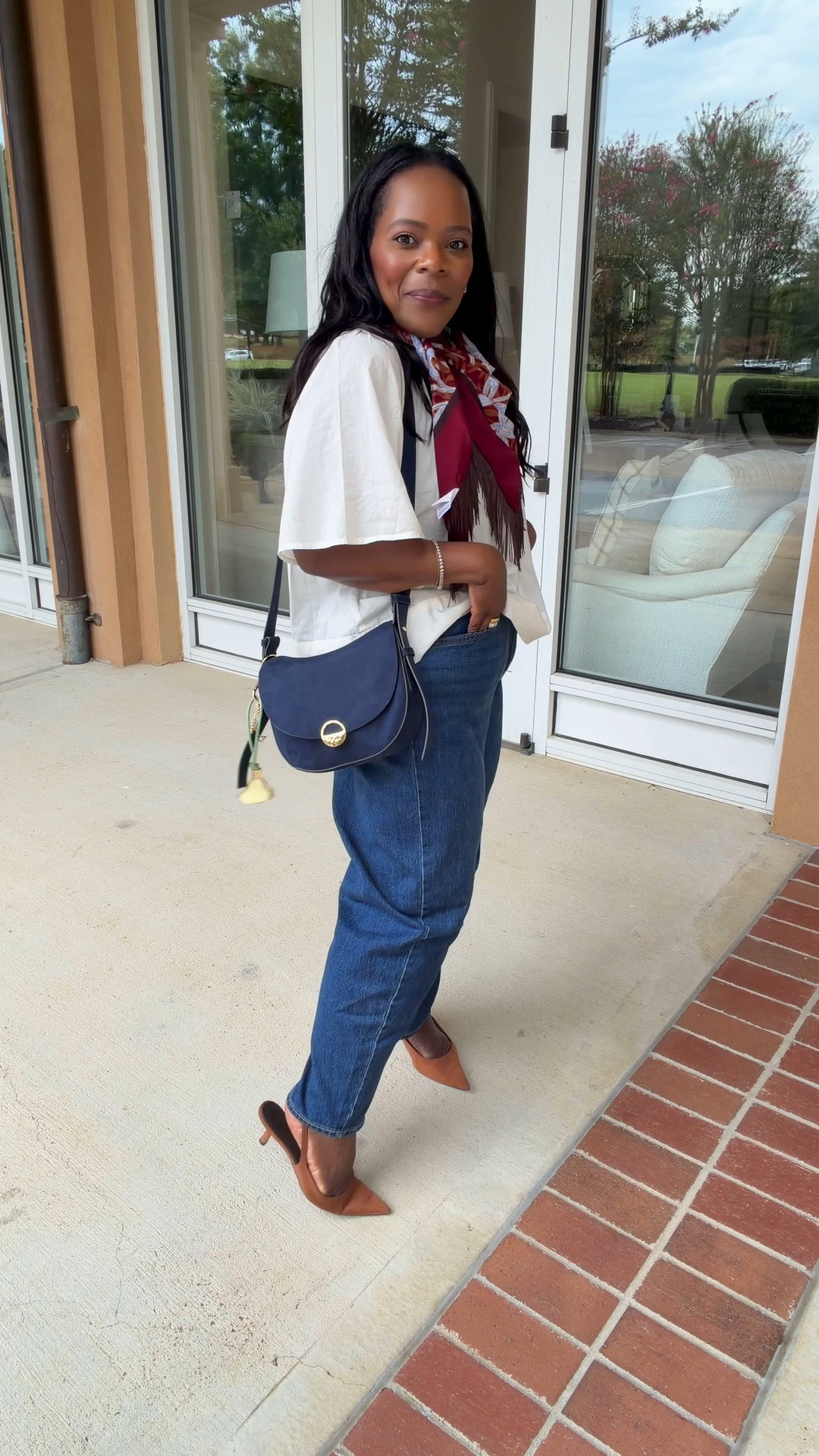 This #ootd is such a classic look for anyone!! These barrel jeans from Old Navy are so flattering - I’m wearing
the size 12. Wearing a M in the white blouse. Navy faux suede crossbody and fringe scarf are from @Walmart 🍂💛

#LTKxWalmart #LTKgrwm #LTKPetite