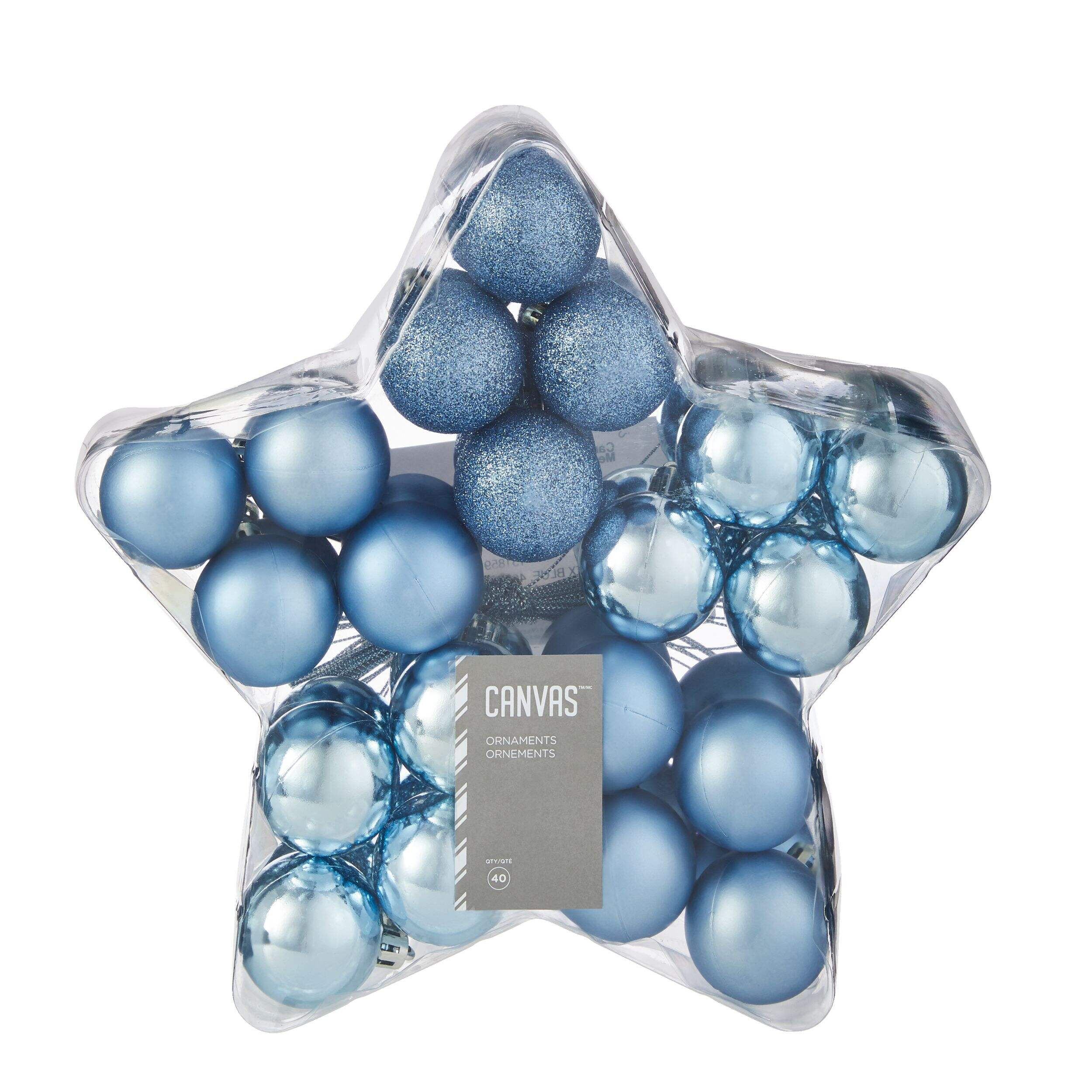 CANVAS Shatterproof Ball Christmas Ornament Set, in Star Case, Blue, 40-mm, 40-pc | Canadian Tire