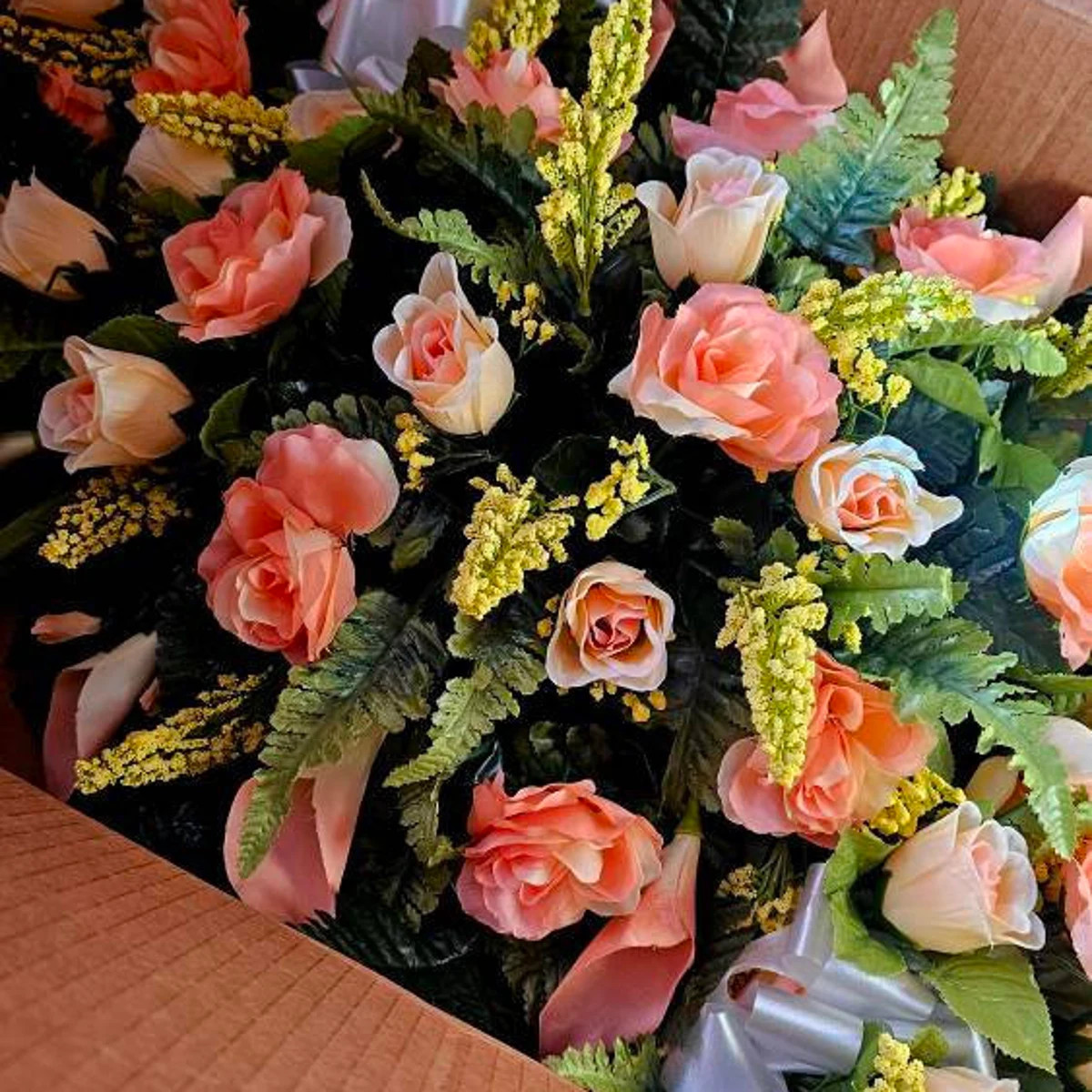 This headstone saddle and cemetery cone set has silk grave flowers including Peach Calla Lilies a... | Etsy (US)