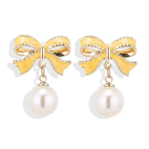 Bow Earrings for Women Pearl Bow Earrings Pink Bow Dorp Dangle Earrings Trendy Bowknot Ribbon Earrings Christmas Earrings Party Daily Jewelry Accessory Xmas Holiday Jewelry (Yellow) | Amazon (US)