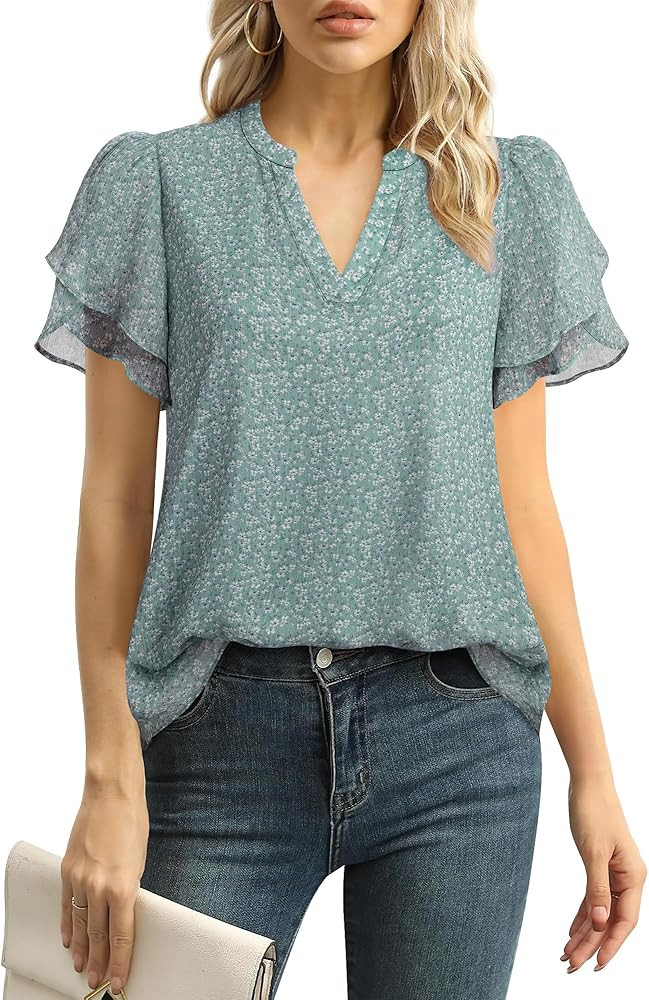 Lotusmile Womens Dressy Chiffon Blouses Summer Puff Petal Short Sleeve Shirts V Neck Casual Work ... | Amazon (US)