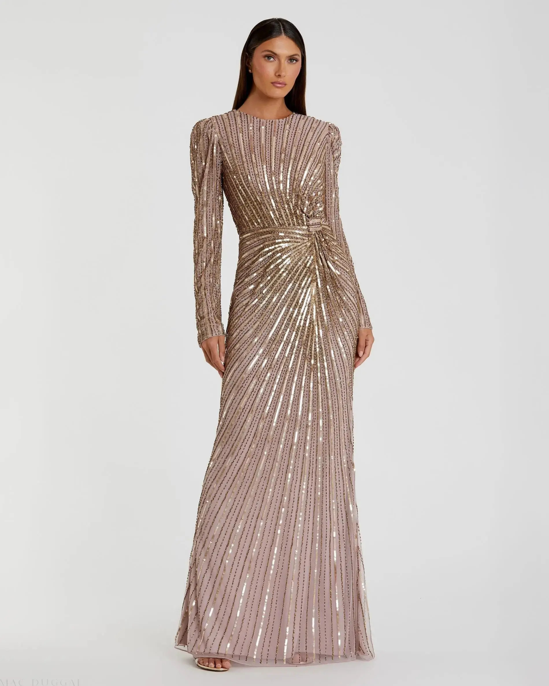 Brown Embellished Puff Sleeve Side Knot Gown - Mac Duggal | Mac Duggal