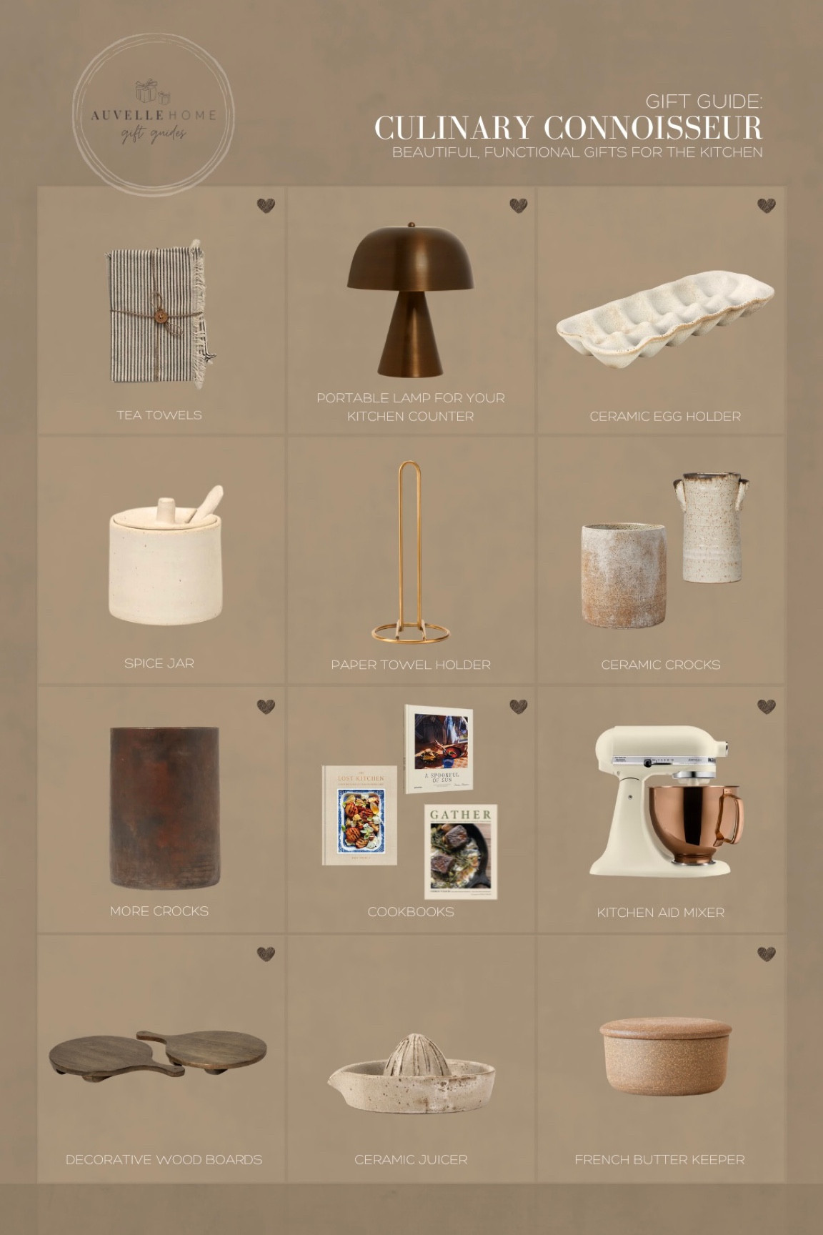 gift guide for someone who loves functional decor in their kitchen 

—-
tea towel, portable lamp, egg holder, spice jar, paper towel holder, crock, ceramic crock, cookbook, magnolia kitchen aid mixer, butter keeper, wood boards, juicer, aesthetic kitchen finds 