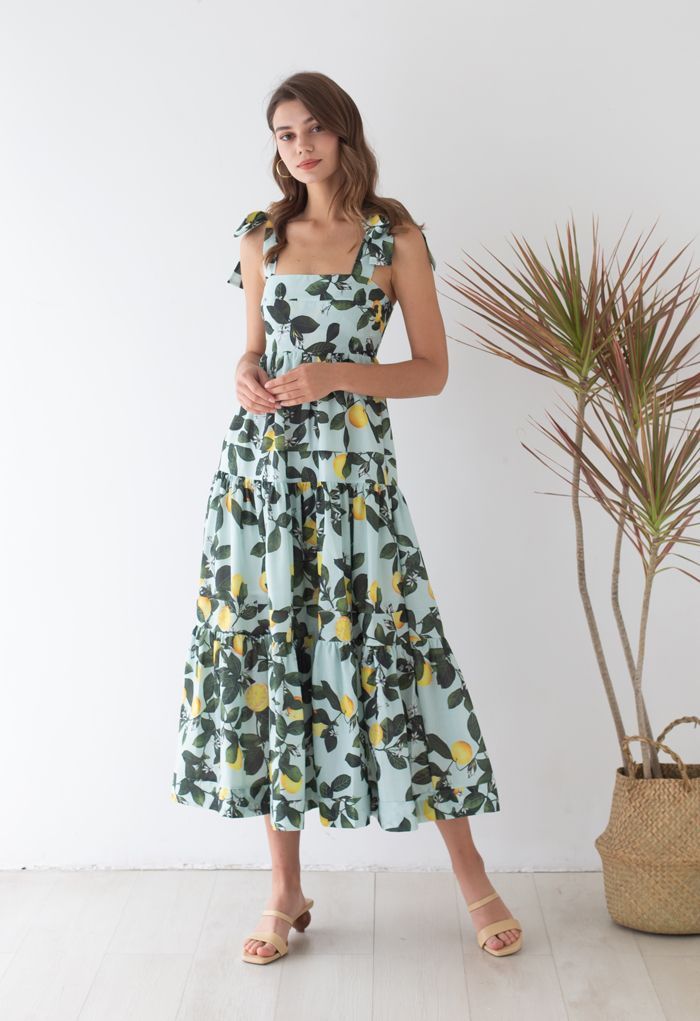 Minty Lemon Printed Tie-Strap Maxi Dress | Chicwish