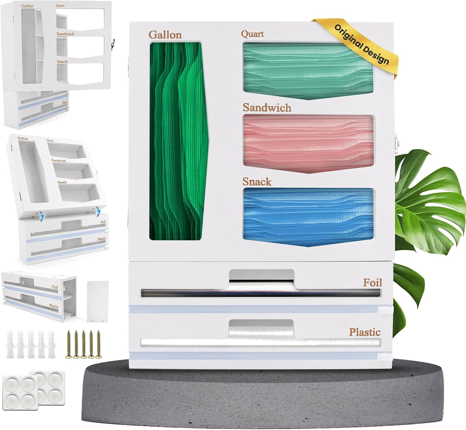 Ziplock Bag Organizer - Bamboo Dispenser with Cutter for Foil & Plastic Wrap. 6-in-1 Wall Rack/Baggie Organizer for Drawer. 2-Section Customizable Kitchen Storage. Plastic Bag Organizer. White | Amazon (US)