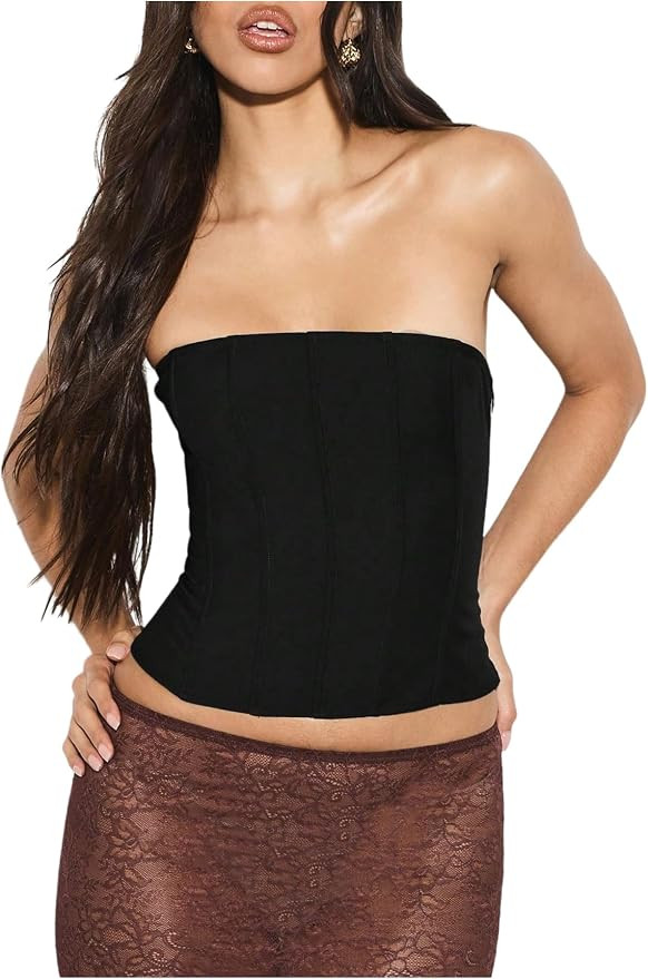 OYOANGLE Women's Lace Up Strapless Corset Top Sleeveless Textured Y2K Party Date Night Going Out ... | Amazon (US)