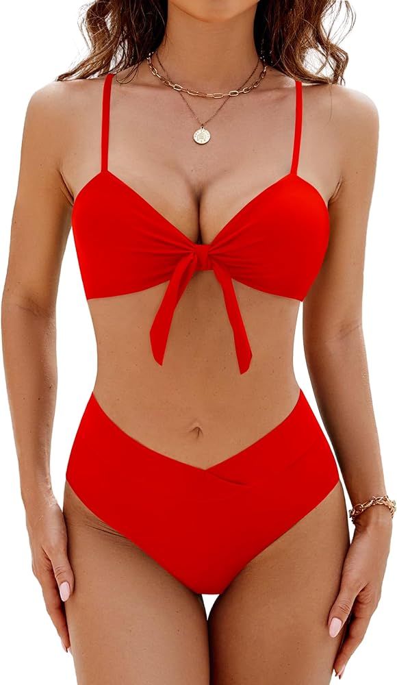 Blooming Jelly Women's High Waisted Bikini Sets Two Piece Swimsuit Front Tie Knot Bathing Suit | Amazon (US)