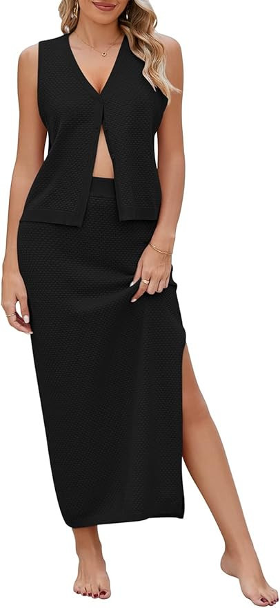 Pink Queen Women's Summer 2 Piece Outfit Set V Neck Button Crop Tank Top Vest Bodycon Maxi Long S... | Amazon (US)