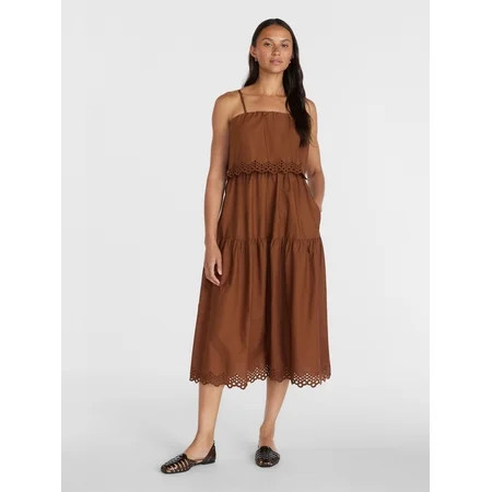 Time and Tru Women s and Women s Plus Sleeveless Cotton Midi Dress with Eyelet Trim Sizes XS-4X | Walmart (US)