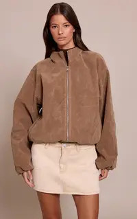 Mushroom Faux Suede Bomber Jacket | PrettyLittleThing UK