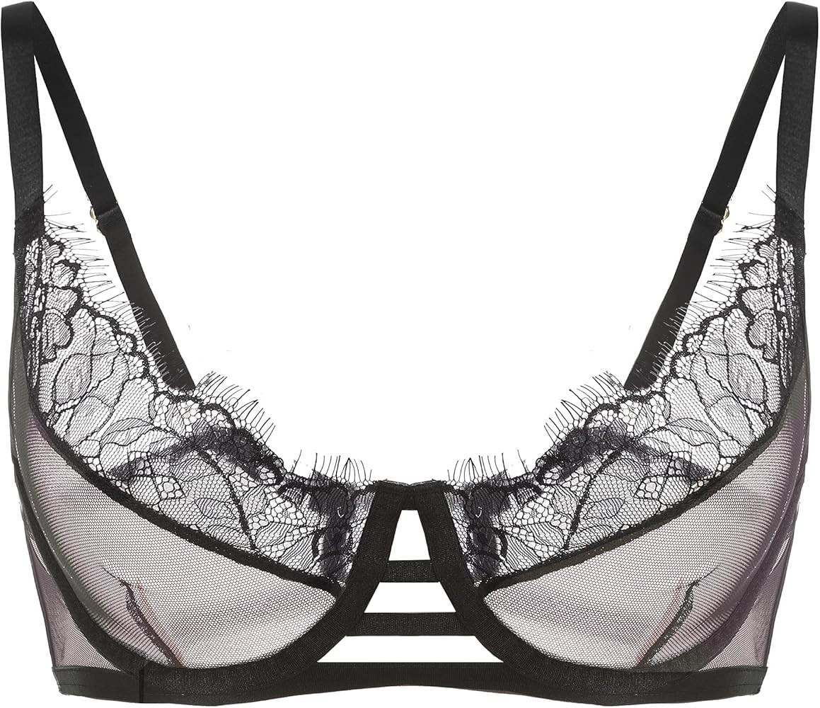 ANGABRIEL Women's 3/4 Cup Strappy Floral Lace Bra Sheer Mesh Plunge Bra Non-Padded Unlined See Th... | Amazon (US)