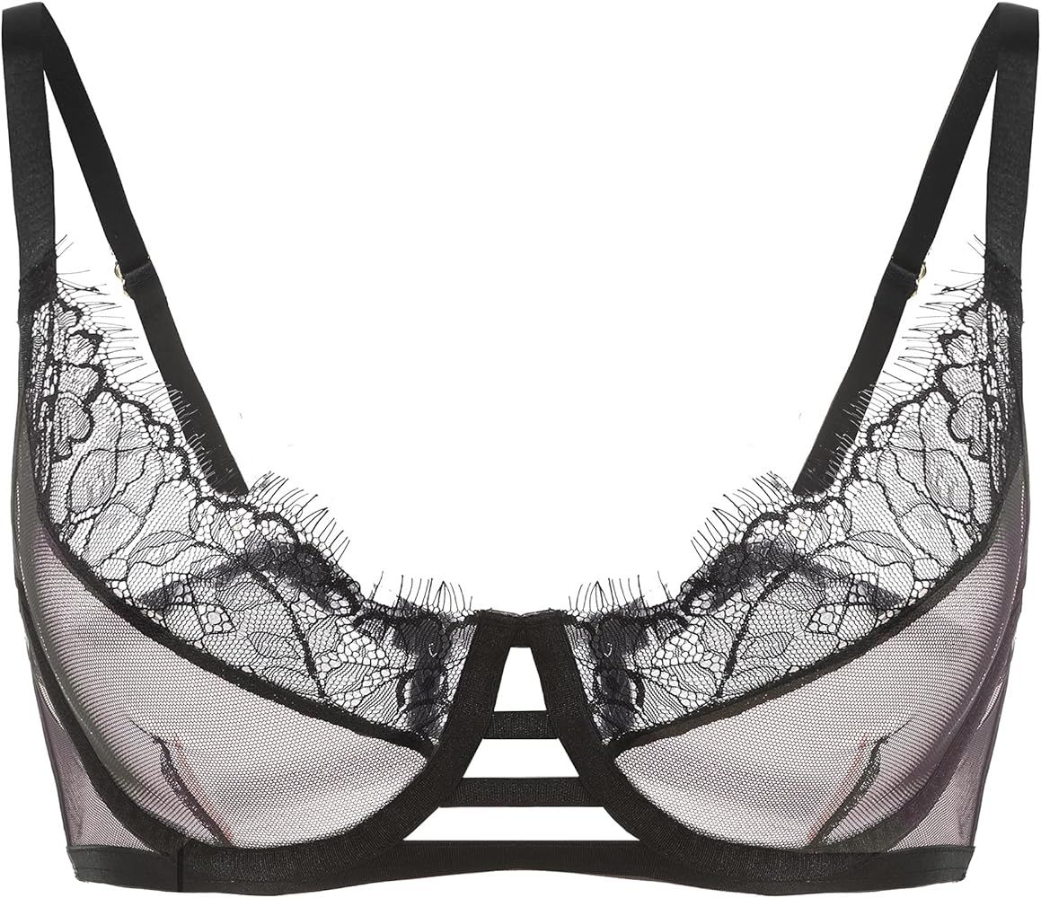 ANGABRIEL Women's 3/4 Cup Strappy Floral Lace Bra Sheer Mesh Plunge Bra Non-Padded Unlined See Th... | Amazon (US)
