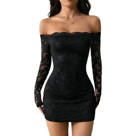 adaychics Lace Off Shoulder Mini Dress Long Sleeve Floral Lace Sheer Bodycon Mini Dress Going Out Outfit for Party | Walmart (US)