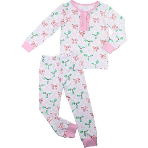Pink And Green Bow And Holly Knit Pajamas | Cecil and Lou