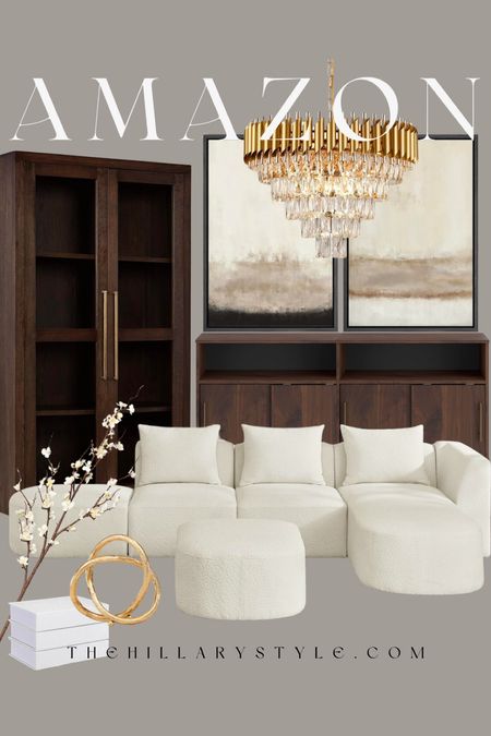 AMAZON Modern Home: White Sectional Sofa, Cabinet, Sideboard, Faux Flowers, Gold Decor, Chandelier.

#LTKSeasonal #LTKstyletip #LTKhome