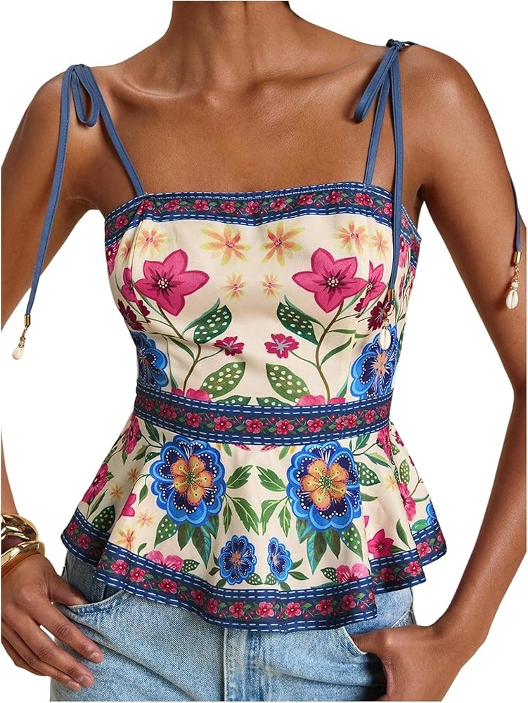 Women's Floral Cami Top Sleeveless Spaghetti Strap Camisole Peplum Summer Tops | Amazon (US)