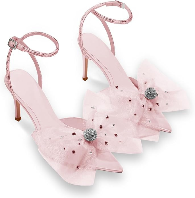 Coutgo Women's Mesh Bow Tie Heels Rhinestone Pointed Toe Lace Up Stilettos Dress Party Pump Shoes | Amazon (US)