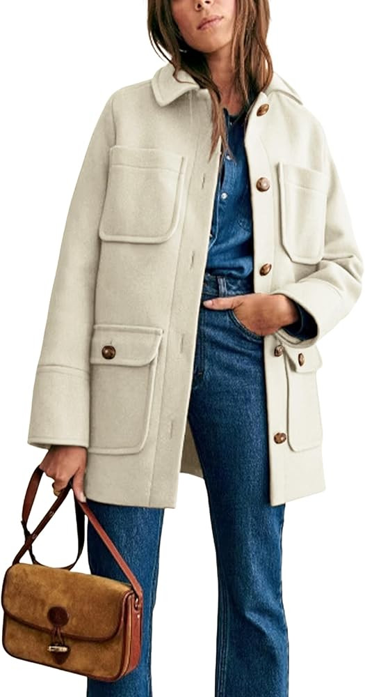 Omoone 2024 Winter Elegant Womens Pea Coat Mid Long Wool Coat Wool Blend Trench Coat with Pockets | Amazon (US)