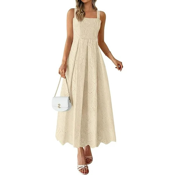 PRETTYGARDEN Womens Sleeveless Maxi Summer Dresses Hollow Out Eyelet Square Neck Ruffle Flowy Bea... | Walmart (US)