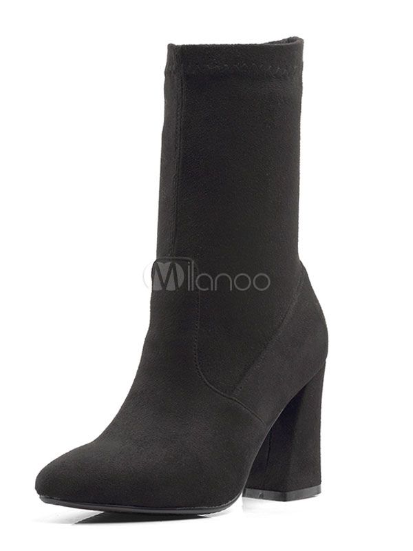 Black Ankle Boots Suede Pointed Toe High Heel Slip On Booties For Women | Milanoo