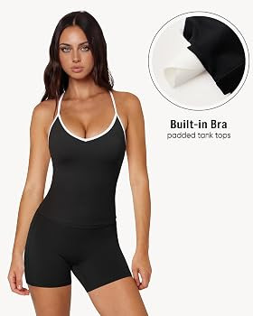OMKAGI Racerback Workout Tops for Women Built in Bra Cute Open Back V Neck Longline Sports Bra To... | Amazon (US)