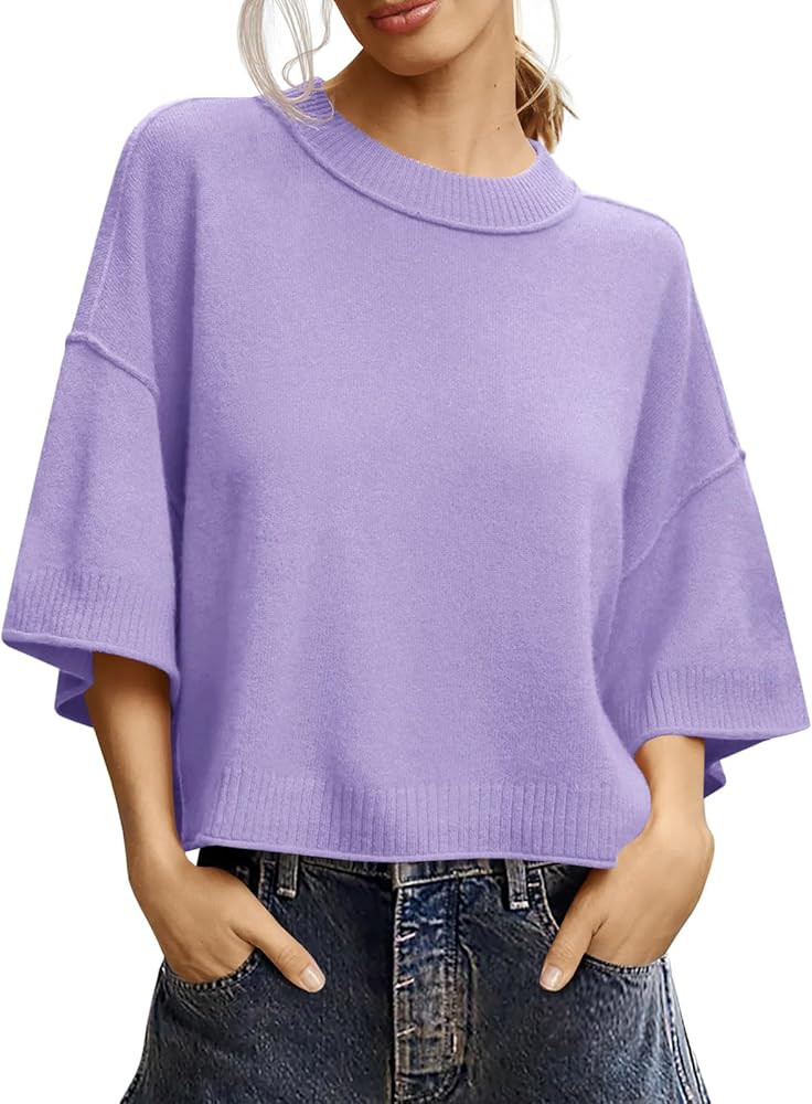 Saodimallsu Womens Short Sleeve Sweater Summer Oversized Cropped Sweaters Casual Crewneck Lightwe... | Amazon (US)