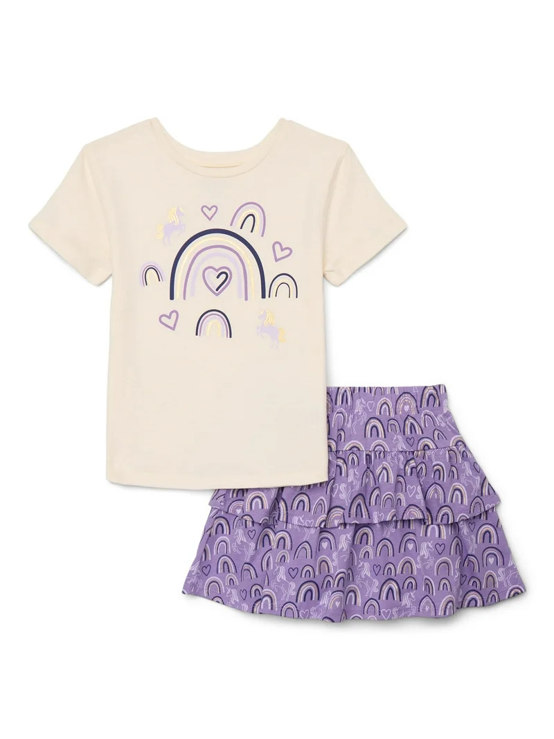Wonder Nation Little Girls 2-Piece Short Sleeve Graphic Tee and Skirt Set, Sizes 4-10 | Walmart (US)