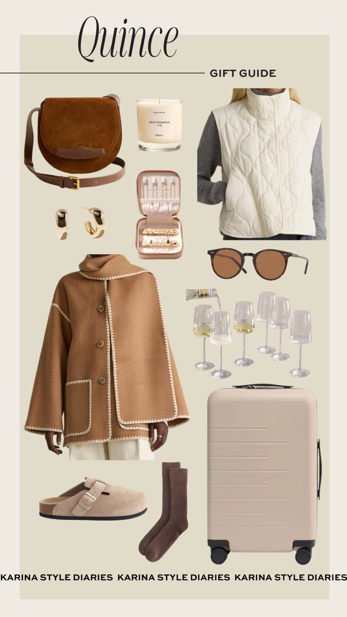 If there’s one store that has gift options for everyone on your list, it’s Quince. I’ve been loving all of the finds from this retailer and think they have cute and quality dupes for much more expensive designer picks. They also offer such a large range of products, whether you’re shopping for the traveler in your life or you need a hostess gift. This carry-on bag is the perfect dupe for the Away suitcase (and it’s a fraction of the price!) I’m also swooning over this suede saddle bag and merino wool scarf jacket (a practical layer for all of your winter outfits.) 

#LTKGiftGuide #LTKSeasonal #LTKHoliday