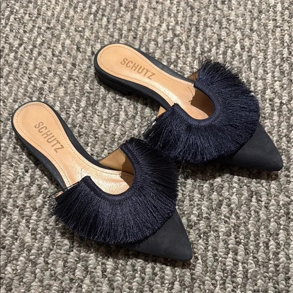 Schutz  Brinlee Pointed Toe Black Fringe Mules Flats | Poshmark