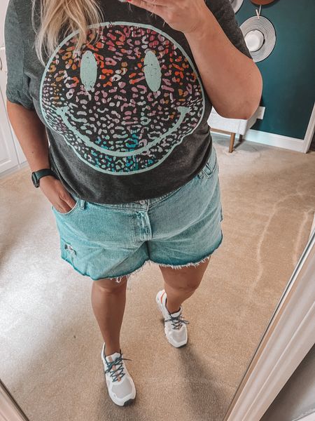Don’t forget to smile 😃 

A smiley tee in a leopard print design and these comfortable jean shorts with a sneaker perfect for running some errands. 

#LTKshoecrush #LTKcurves #LTKFind