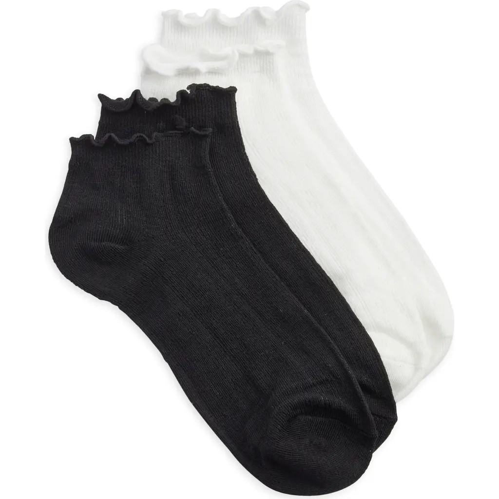 Stems 2-Pack Micro Pointelle Ruffle Ankle Socks in Black /White at Nordstrom | Nordstrom