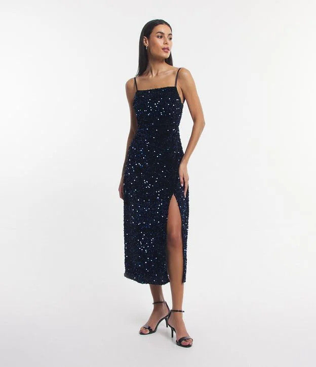 Vestido Midi em Paetê Metalizado com Decote nas Costas e Fenda Azul | Renner (BR)