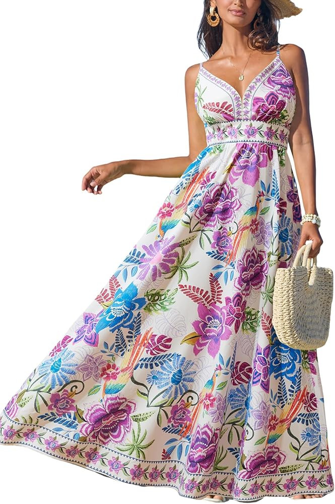 CUPSHE Women's Summer Dresses Casual Spring V Neck Sleeveless Floral Beach Vacation Long Spaghett... | Amazon (US)