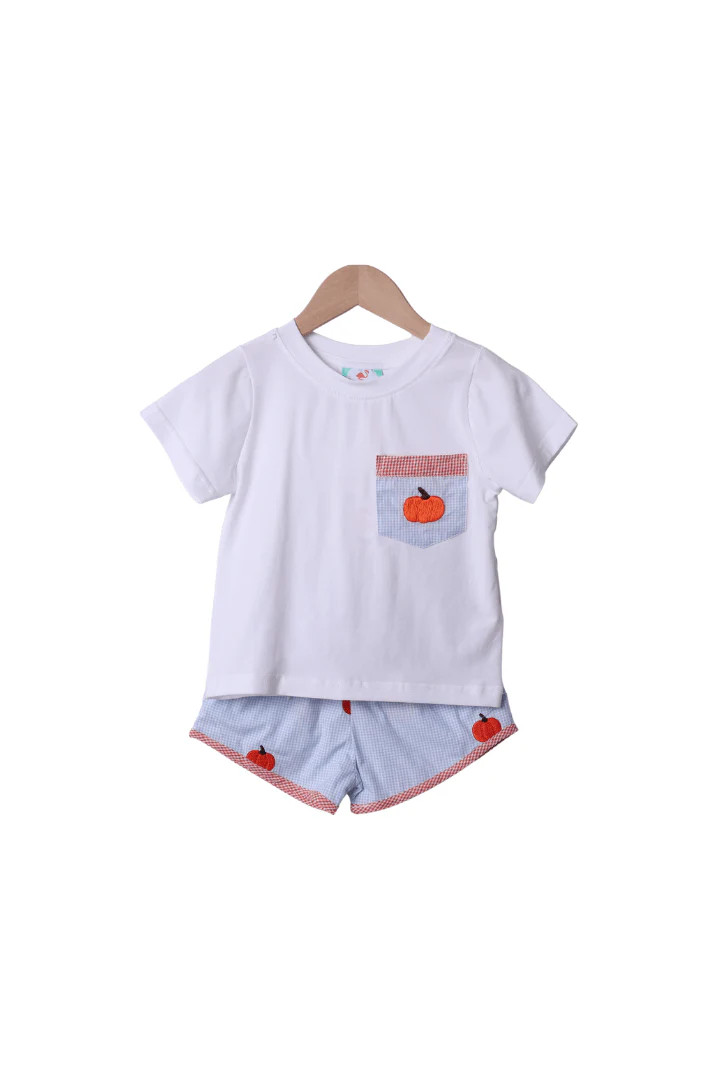 Embroidered Pumpkin Blue Gingham Short Set | The Smocked Flamingo