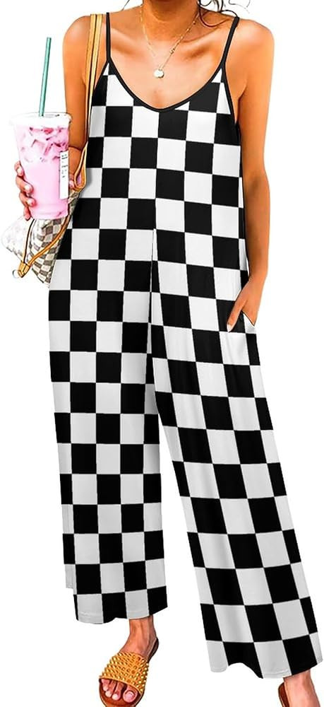 Black White Race Checkered Flag Pattern Womens Suspender Jumpsuits Sleeveless Straps Casual Loose... | Amazon (US)
