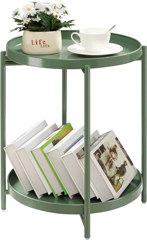 TeoKJ 2 Tier Green Side Table, Folding Round Metal End Table Small Nightstand Accent Table with T... | Amazon (US)