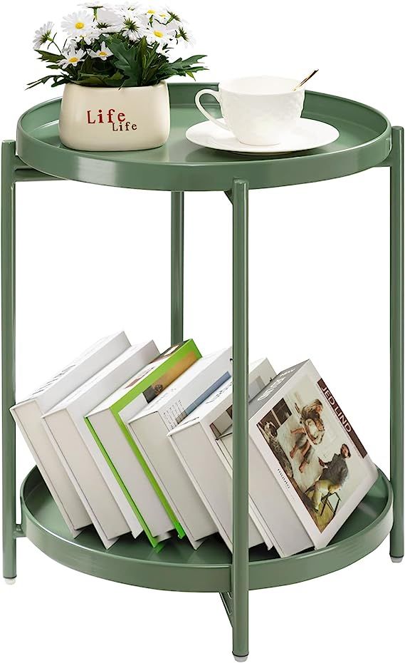 TeoKJ 2 Tier Green Side Table, Folding Round Metal End Table Small Nightstand Accent Table with T... | Amazon (US)