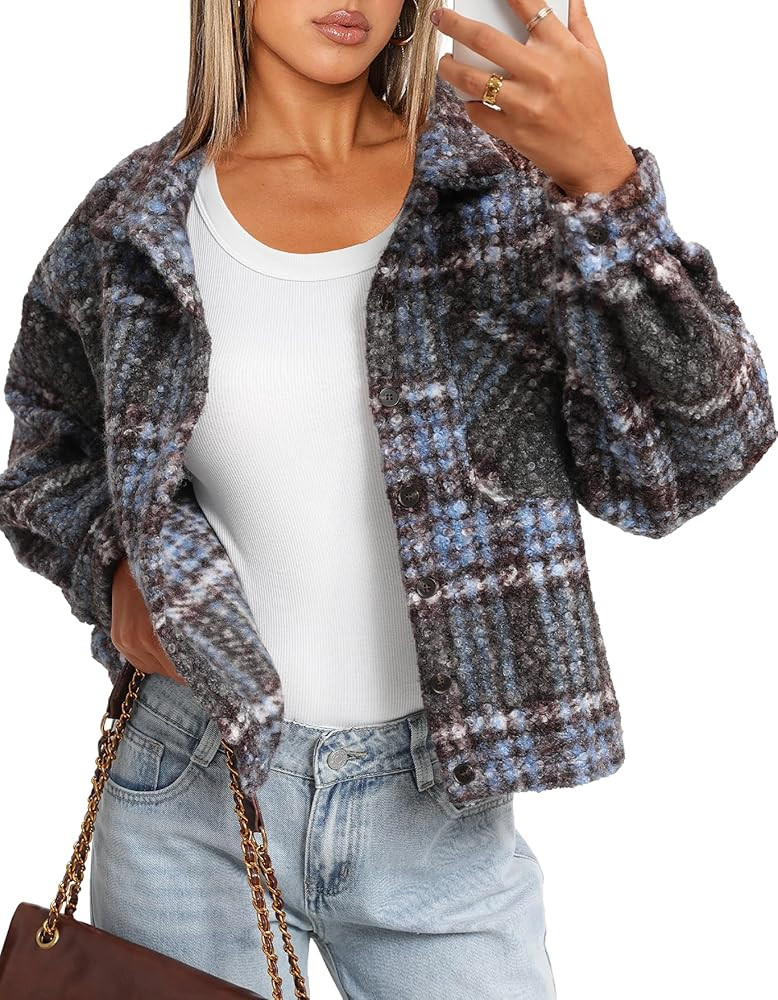 Darong Women's Cropped Fuzzy Fleece Jacket Button Down Plaid Leopard Jackets 2025 Fall Winter Sof... | Amazon (US)