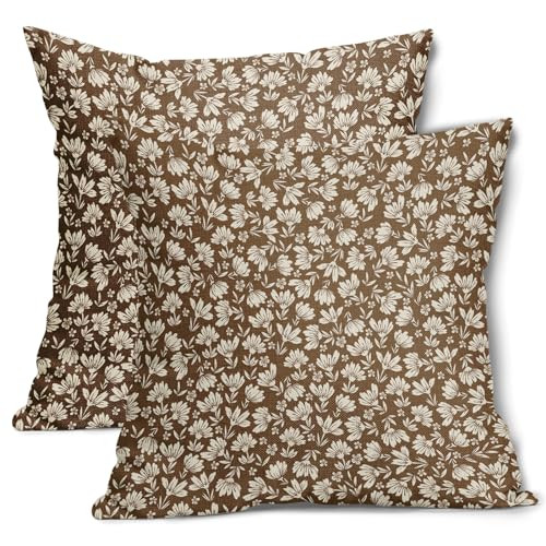 Brown Beige Daisy Floral Pillow Covers 20X20 Inch Vintage Flowers Decorative Pillow Cases Set of 2 Block Print Cotton Linen Throw Pillows Farmhouse Decor For Sofa Couch Porch Bed Cushion Outdoor | Amazon (US)
