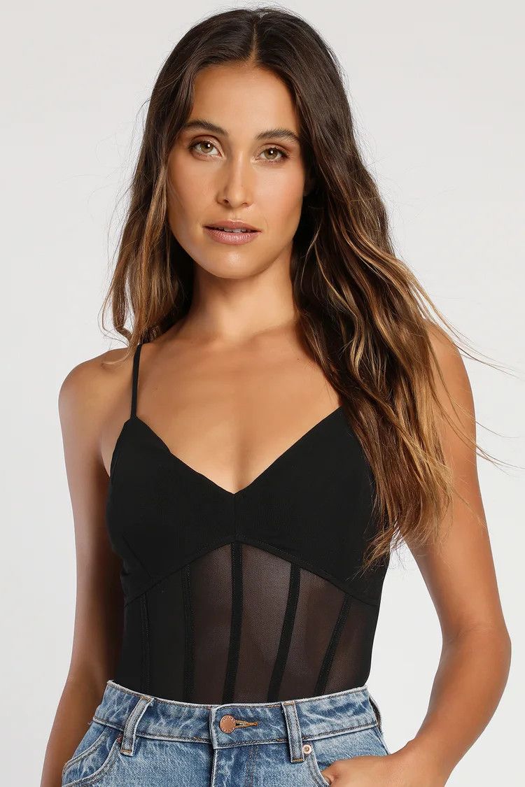 Hold Me Near Black Sleeveless Mesh Bustier Bodysuit Fall Going Out Tops Fall Going Out Outfits Fall | Lulus (US)