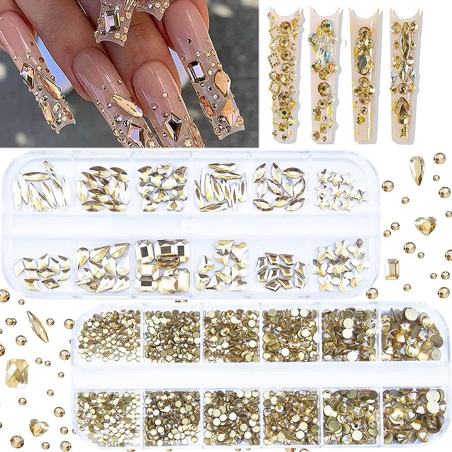 2120Pcs Champagne Gold Crystal Nail Rhinestones Round Beads Flatback Glass Gems Stones Multi Shap... | Amazon (US)