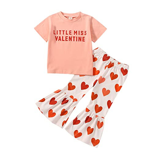 FYBITBO Toddler Baby Girl Valentines Day Outfit Little Miss Short Sleeve Tee Shirt Top Heart Bell Pants Spring Clothes (Heart print pink,6-12 Months) | Amazon (US)