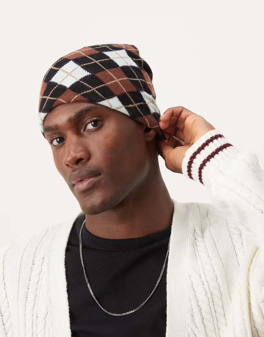 ASOS DESIGN skull beanie in argyle check-Brown | ASOS (Global)