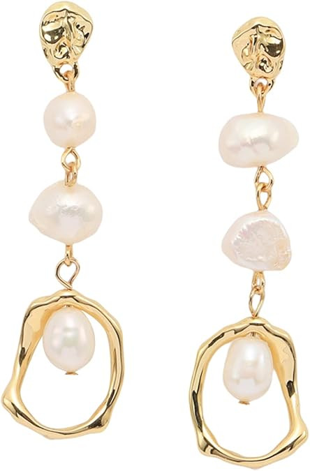 Baroque Long Pearl Earrings for Women 14K Gold Plated Irregular Geometric Pearl Dangle Earrings P... | Amazon (US)