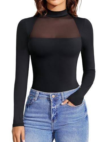 Avidlove Black Bodysuit Women Long Sleeve Mock Neck Body Suits Thong Leotards Mesh Going Out Tops Black M | Amazon (US)